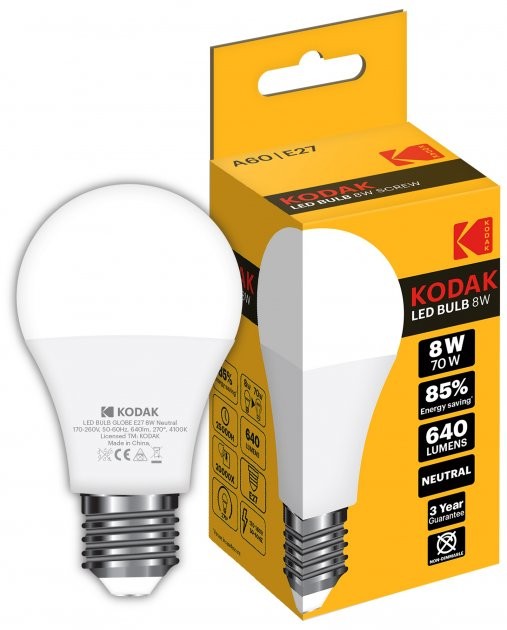 Характеристики світлодіодна лампа Kodak A60, 8W, 4100К