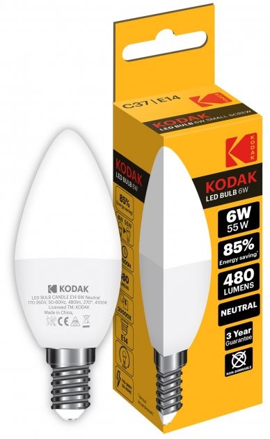 Светодиодная лампа форма свеча Kodak C37, 6W, 4100K