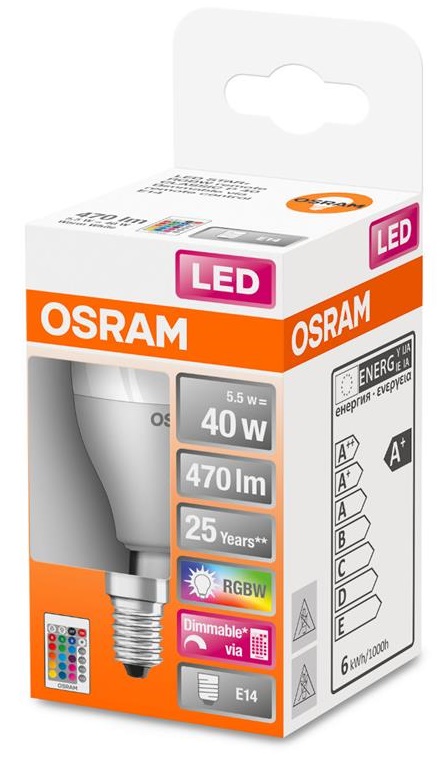 Світлодіодна лампа Osram Led STAR Е14 5.5-40W 2700K+RGB 220V Р45 пульт ДУ (4058075430877) ціна 219 грн - фотографія 2