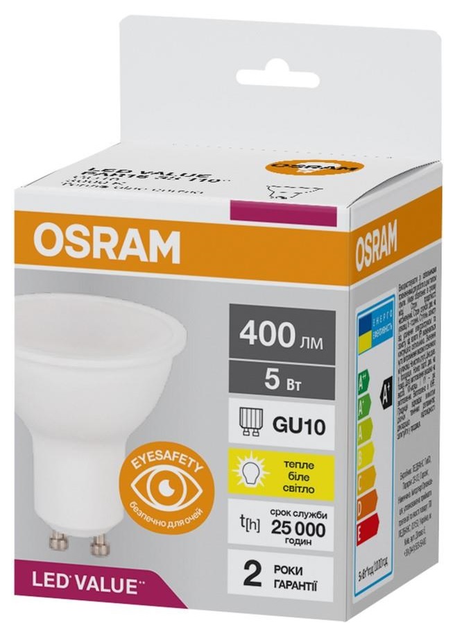 Характеристики світлодіодна лампа Osram Led Value PAR16 GU10 5W 3000K 220V (4058075689510)
