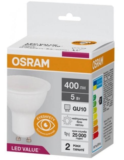 Характеристики светодиодная лампа Osram Led Value PAR16 GU10 5W 4000K 220V (4058075689541)
