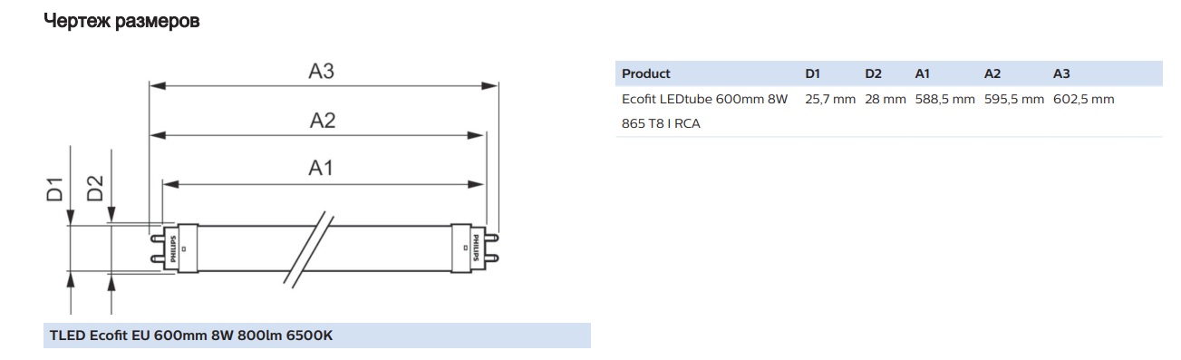 Светодиодная лампа Philips Ledtube T8 8W 865 I RCA 600mm (929001276337) цена 108 грн - фотография 2