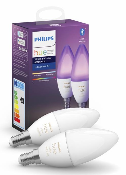 Светодиодная лампа Philips форма свеча Philips Hue E14, 5.3W(40Вт), 2000K-6500K, RGB, ZigBee, Bluetooth, диммирование 2 шт (929002294210)