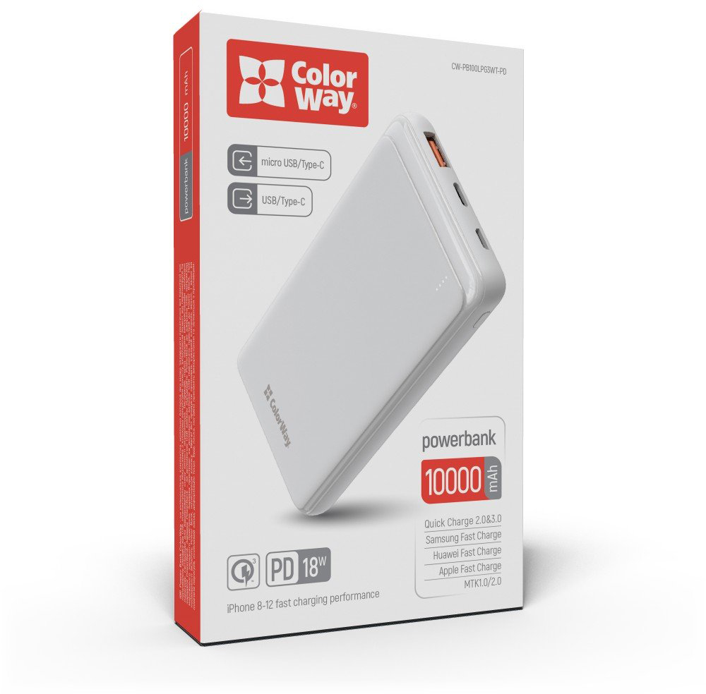 Повербанк для планшета ColorWay Slim 10 000 mAh (CW-PB100LPG3WT-PD)