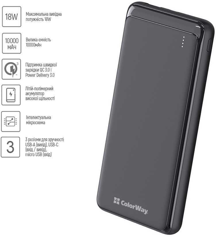 в продаже Повербанк ColorWay Slim 10 000 mAh (CW-PB100LPG3BK-PD) - фото 3