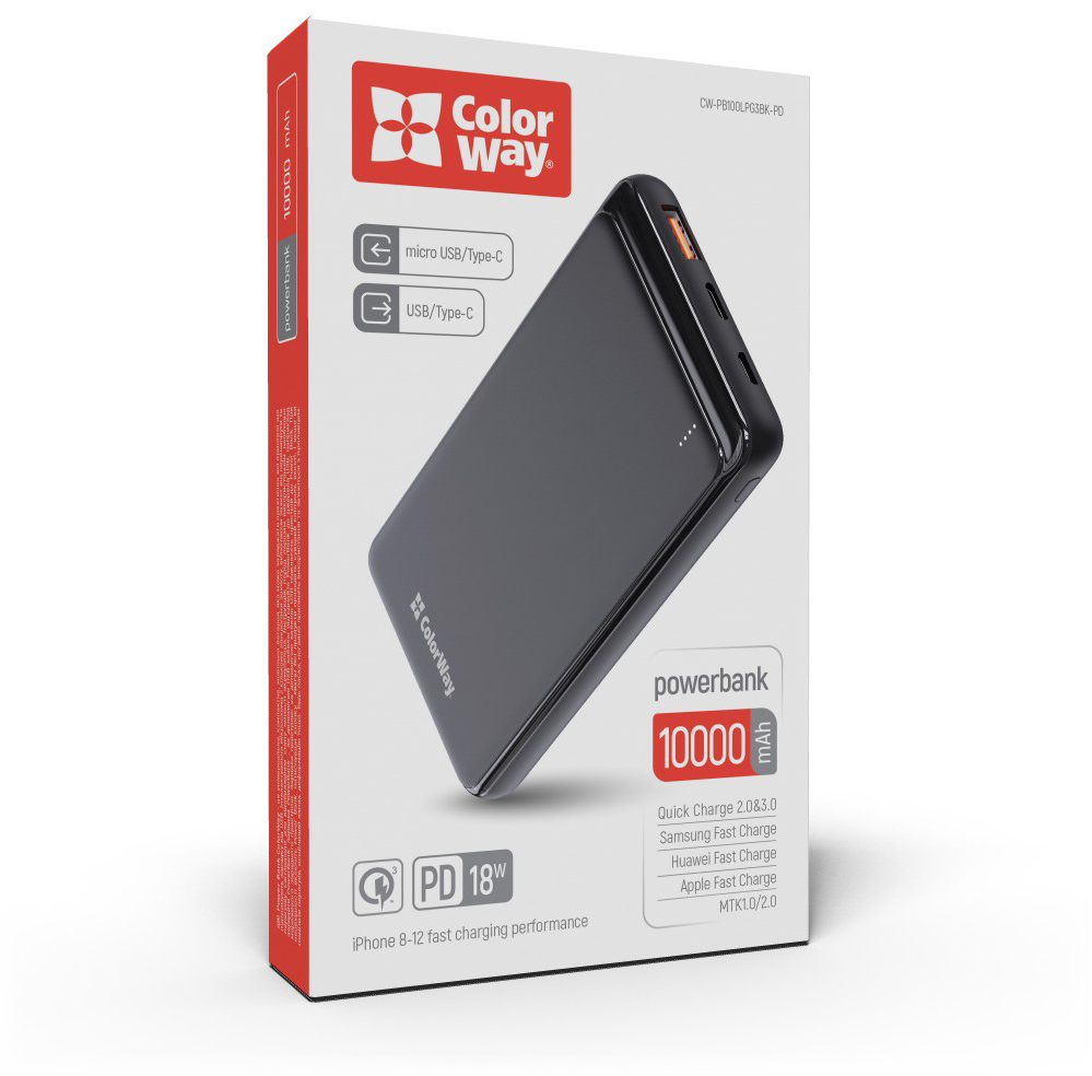 Повербанк для планшета ColorWay Slim 10 000 mAh (CW-PB100LPG3BK-PD)