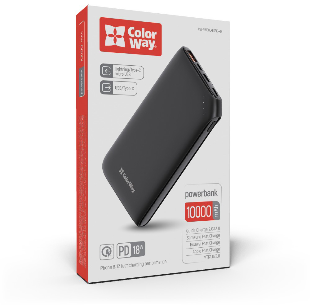 Повербанк ColorWay Soft touch 10 000 mAh (CW-PB100LPE3BK-PD)