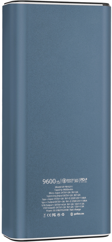 Повербанк Gelius Pro CoolMini 2 PD GP-PB10-211 9600 mAh Blue (00000082621) цена 1067.90 грн - фотография 2