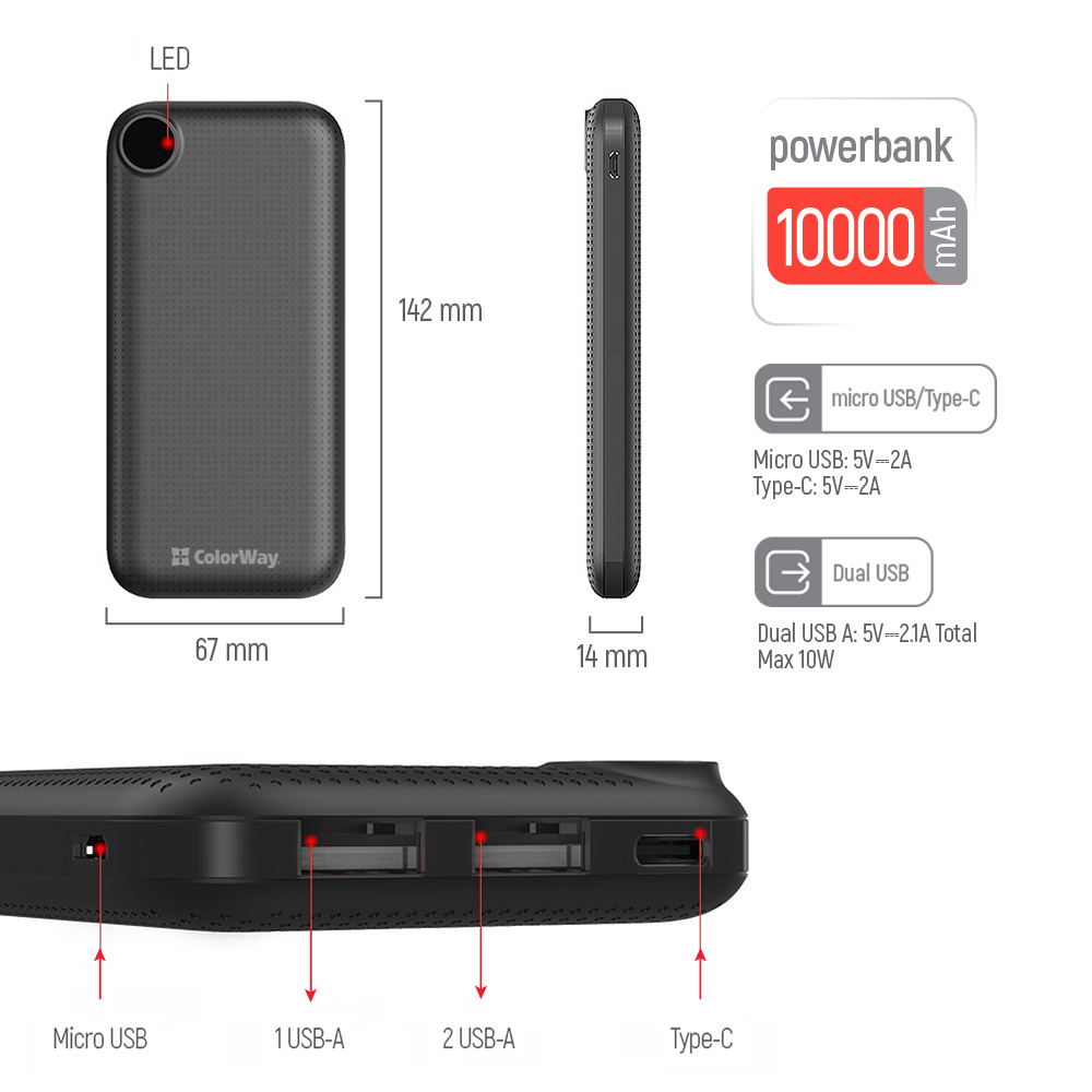 Повербанк ColorWay 10000 mAh Slim LCD Black (CW-PB100LPH2BK-D) характеристики - фотографія 7