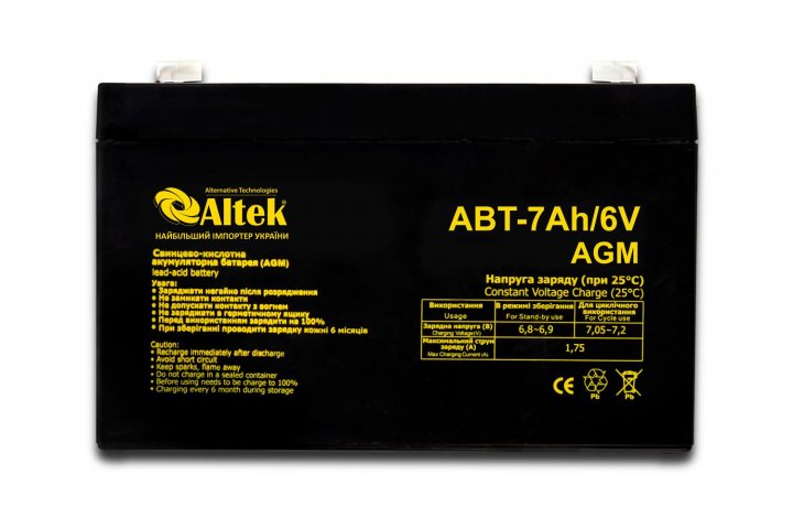 Характеристики акумулятор гелевий Altek ABT-7Ah/6V AGM