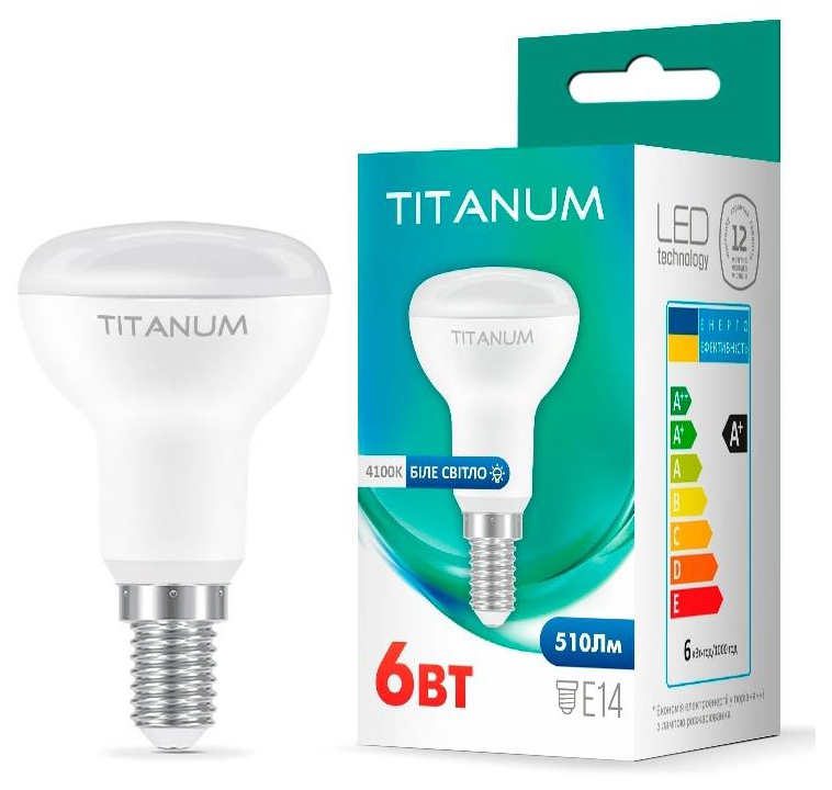 Характеристики светодиодная лампа с цоколем e14 Titanum R50 6W E14 4100K (TLR5006144)