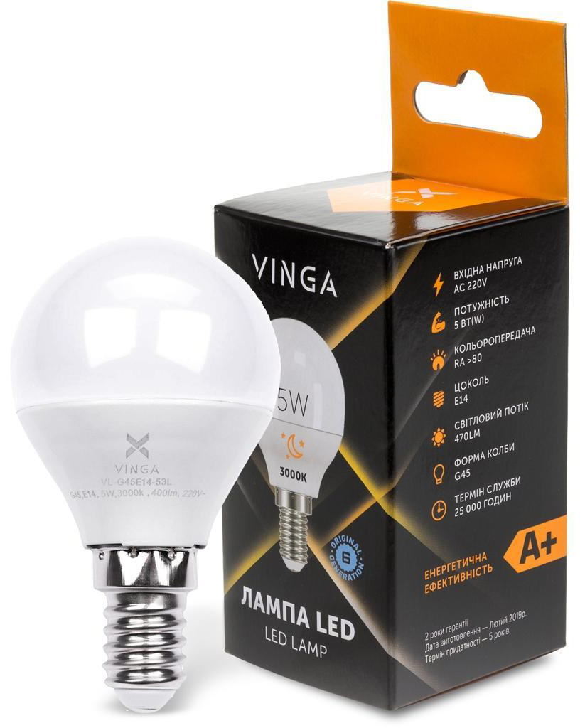 Характеристики светодиодная лампа Vinga VL-G45E14-53L