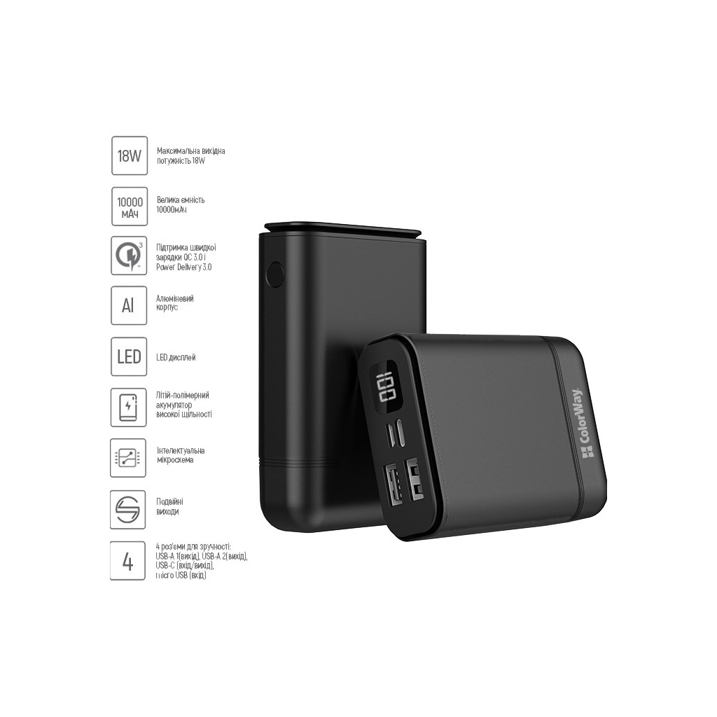 в продажу Повербанк ColorWay 10 000 mAh Compact (USB QC3.0 + USB-C Power Delivery 18W) Bl (CW-PB100LPJ3BK-PDD) - фото 3