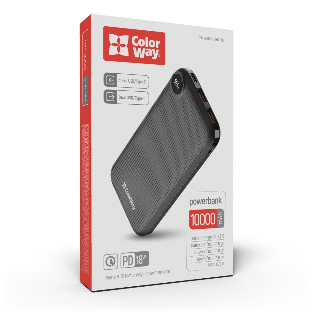 ColorWay 10 000 mAh LCD (USB QC3.0 + USB-C Power Delivery 18W) Black (CW-PB100LPH3BK-PDD) в магазине в Киеве - фото 10