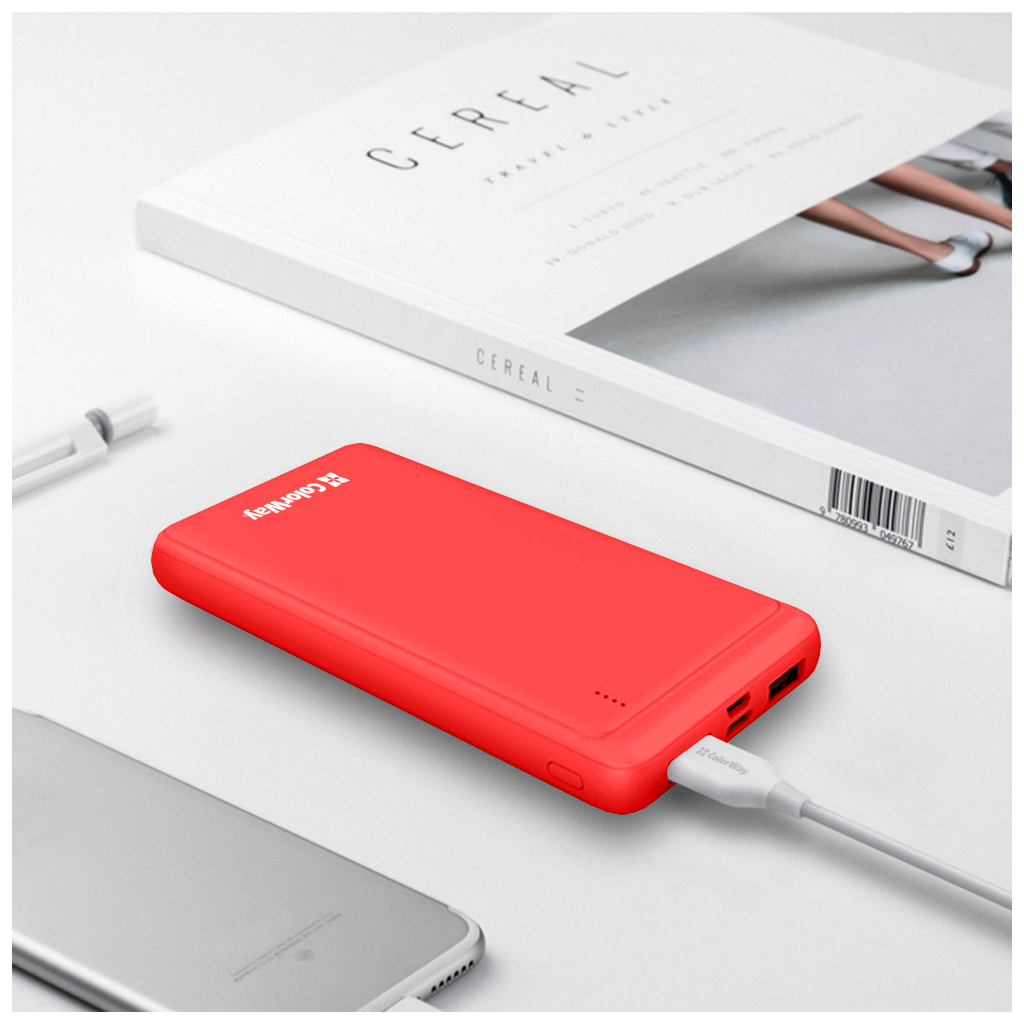 Повербанк ColorWay 10 000 mAh Slim (USB QC3.0 + USB-C Power Delivery 18W) Red (CW-PB100LPG3RD-PD) зовнішній вигляд - фото 9