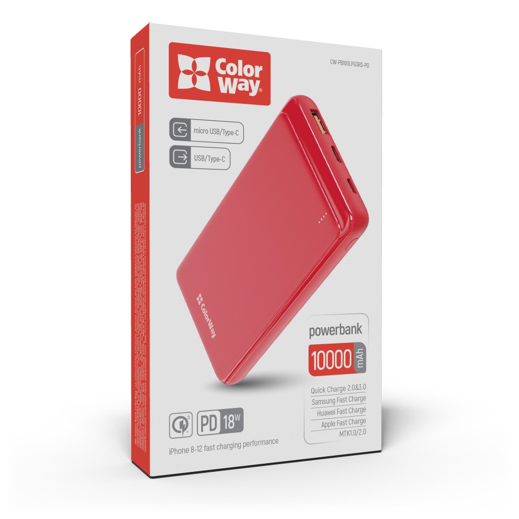 ColorWay 10 000 mAh Slim (USB QC3.0 + USB-C Power Delivery 18W) Red (CW-PB100LPG3RD-PD) в магазині в Києві - фото 10