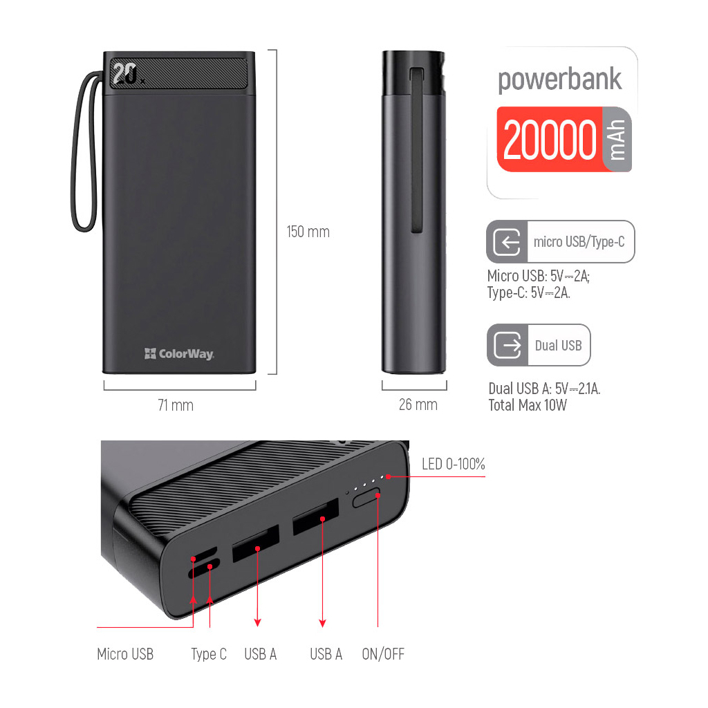 продаём ColorWay 20 000 mAh Metal case, Black (CW-PB200LPB2BK) в Украине - фото 4