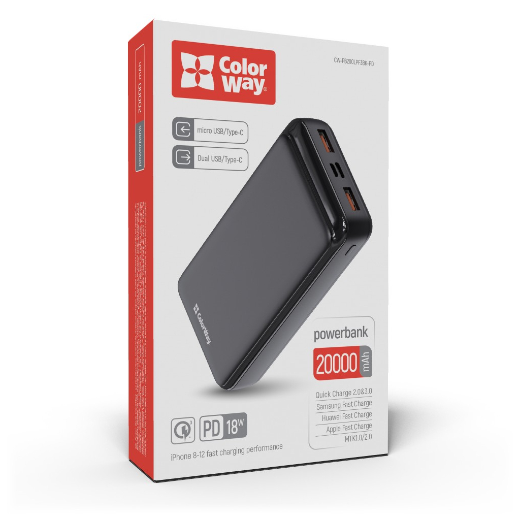 ColorWay 20 000 mAh Slim (USB QC3.0 + USB-C Power Delivery 18W) Black (CW-PB200LPF3BK-PD) в магазине в Киеве - фото 10