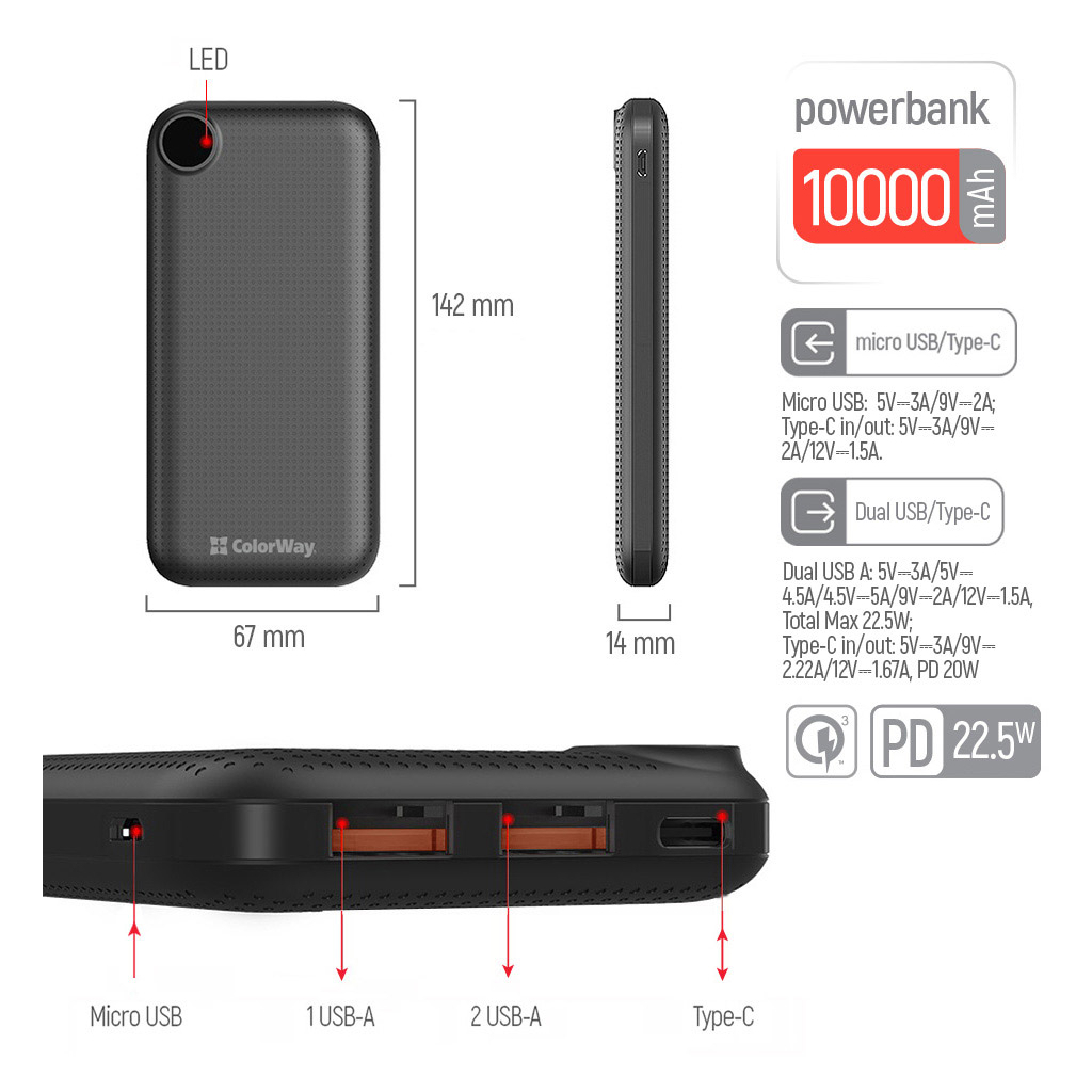 Повербанк ColorWay 10 000 mAh LCD (USB QC3.0 + USB-C Power Delivery 22.5W) Black (CW-PB100LPI3BK-PDD) инструкция - изображение 6