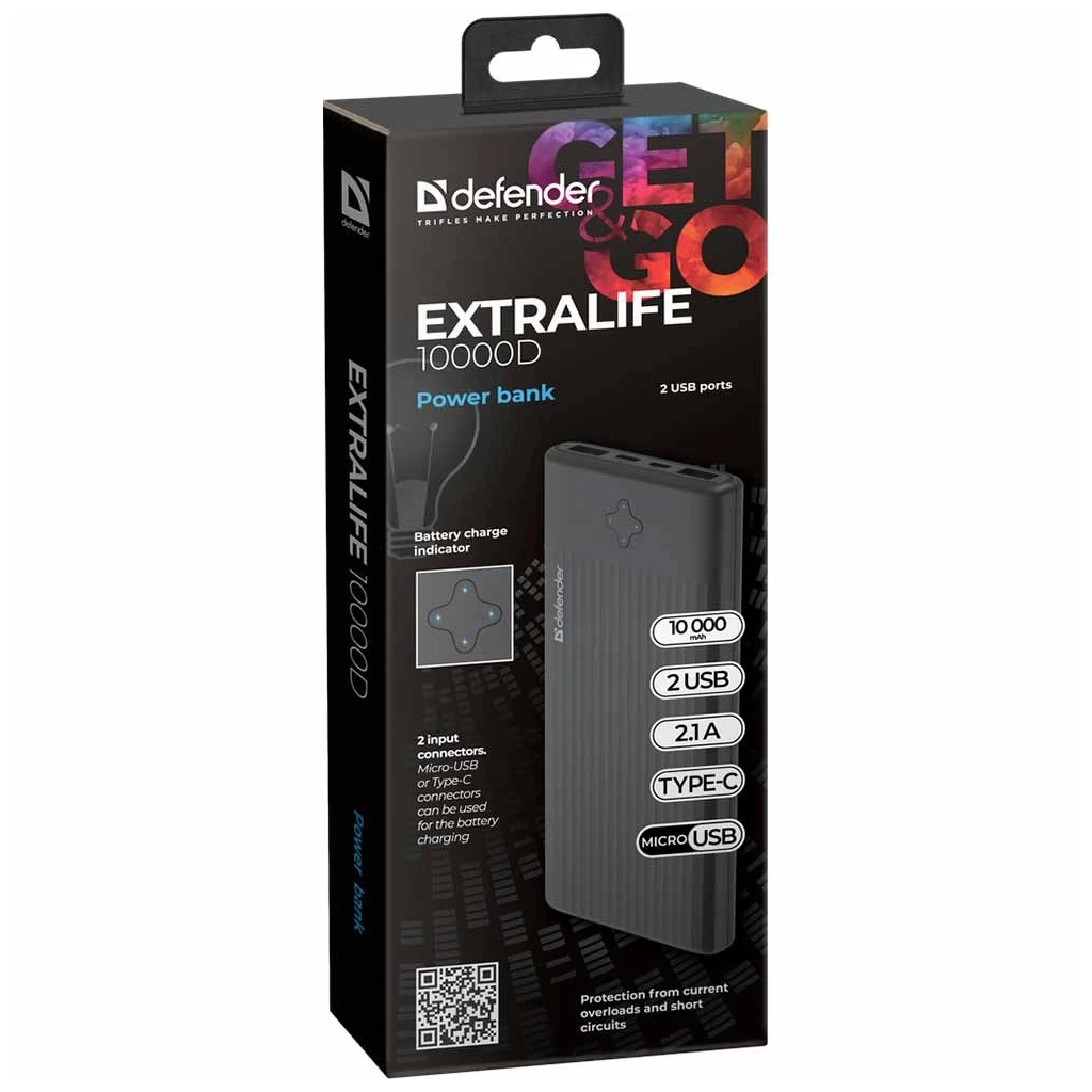 продаємо Defender ExtraLife 10000D 2xUSB/2.1A, 10000mAh, Type-C (83662) в Україні - фото 4