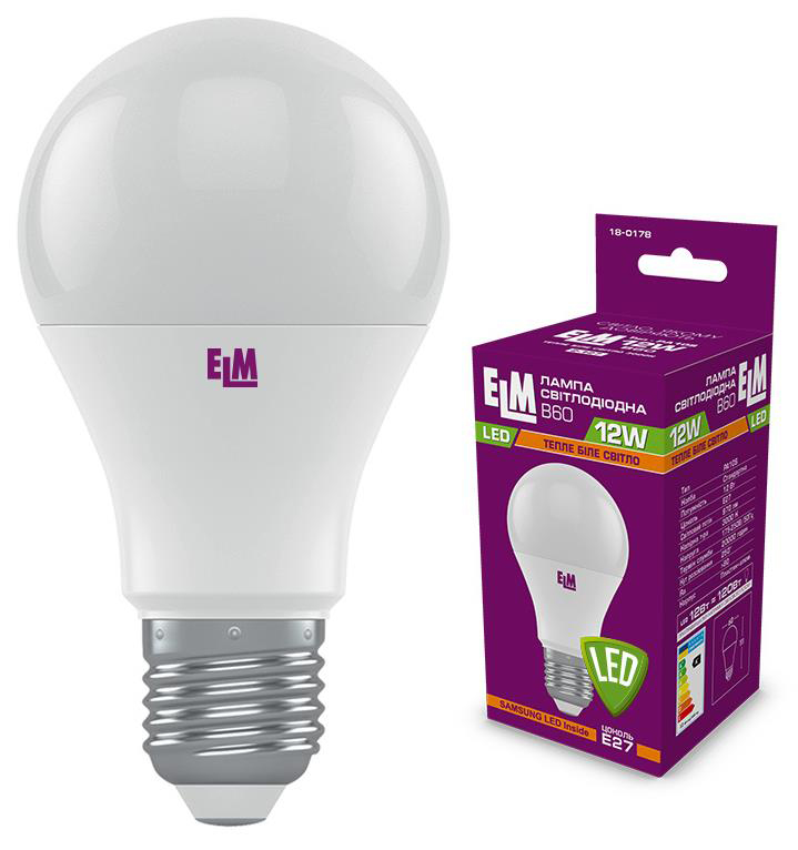 Лампа ELM светодиодная ELM B60 12W PA10S E27 3000K (18-0178)
