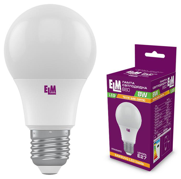 Характеристики светодиодная лампа ELM B60 8W PA10S E27 3000K (18-0185)