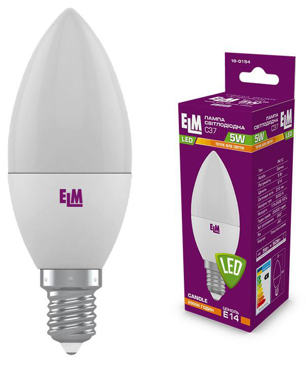 Светодиодная лампа мощностью 5 Вт ELM C37 5W PA10 E14 3000K (18-0154)