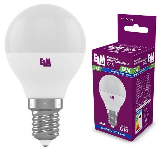 Характеристики светодиодная лампа ELM D45 6W PA10 E14 4000K (18-0014)