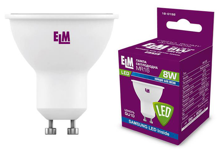 Лампа ELM светодиодная ELM MR16 8W PA10S GU10 4000K (18-0192)