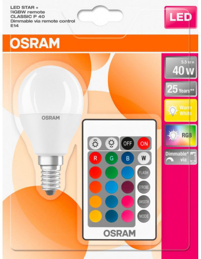 Светодиодная лампа Osram форма шар Osram LED STAR Е14 5.5-40W 2700K+RGB 220V Р45 пульт ДУ (4058075144385)