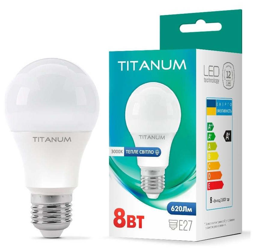 Светодиодная лампа мощностью 8 Вт Titanum A60 8W E27 3000K (TLA6008273)