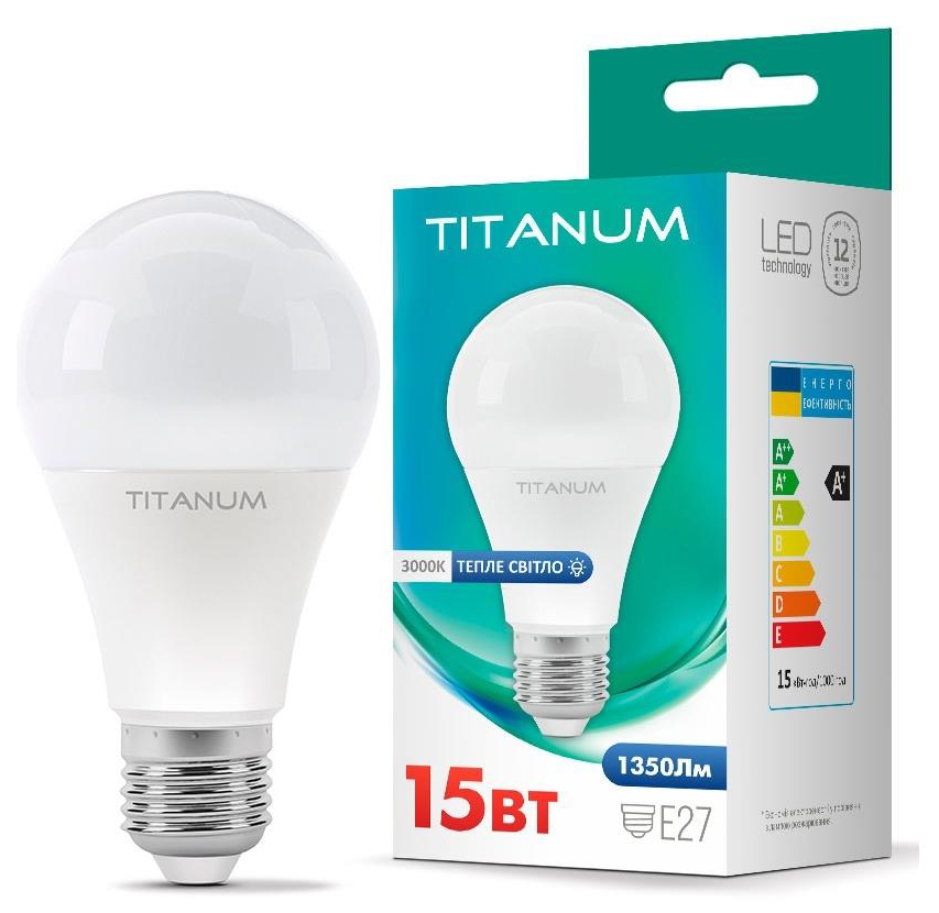 Светодиодная лампа мощностью 15 Вт Titanum A65 15W E27 3000K (TLA6515273)