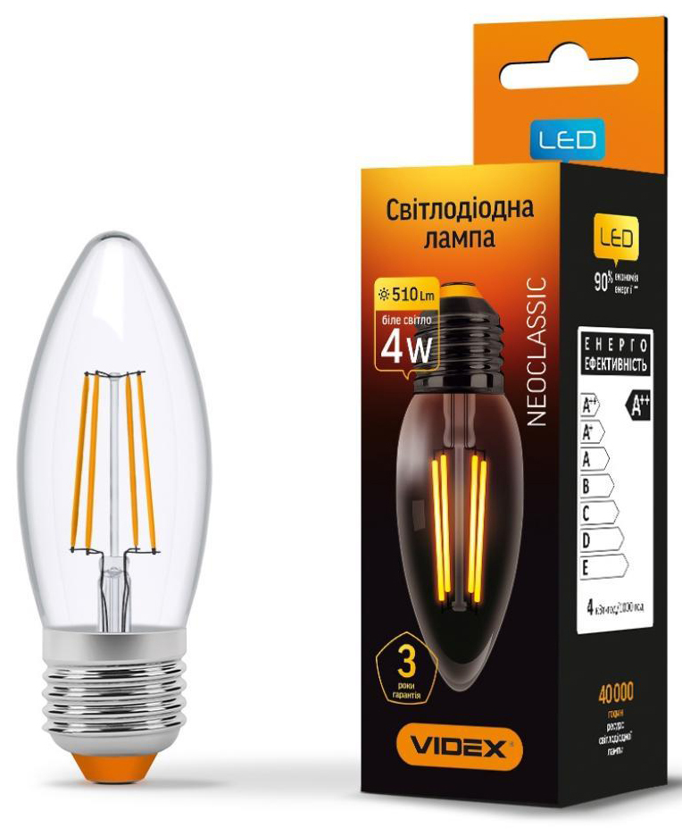 Світлодіодна лампа Videx Filament C37F 4W E27 4100K 220V (VL-C37F-04274) ціна 100 грн - фотографія 2