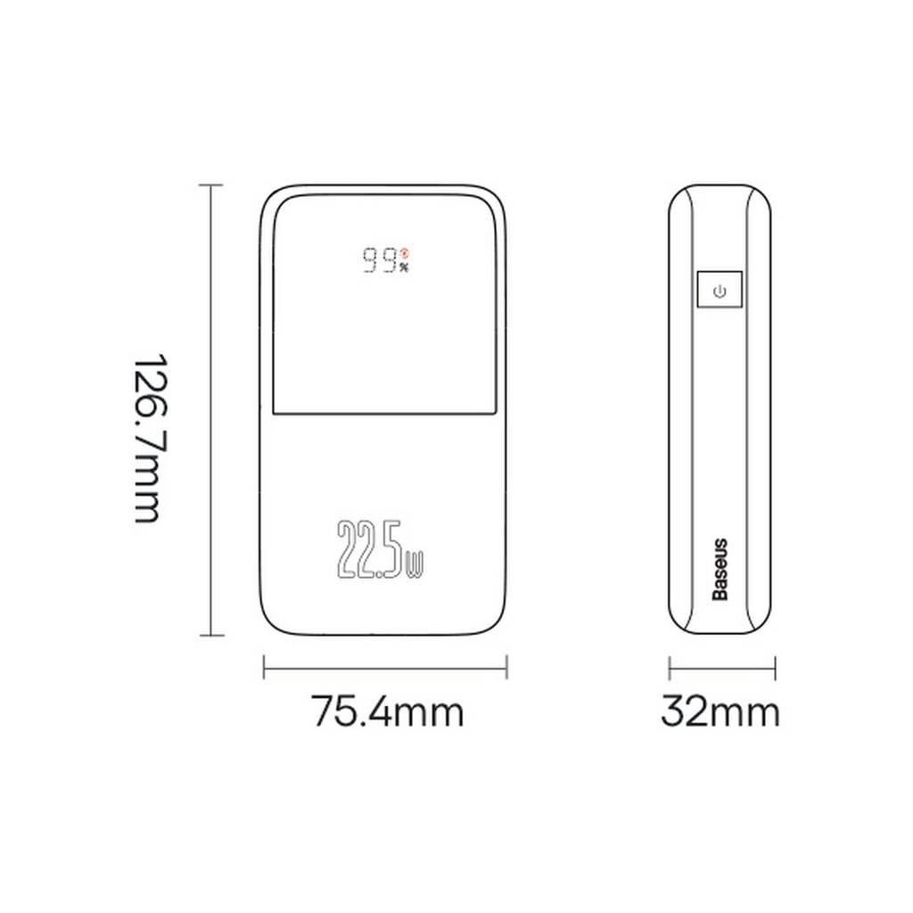 Baseus Pro 20000mAh, 22.5W, White, with USB-A - USB-C 3A 0.3m cable (PPBD040302) Габаритні розміри