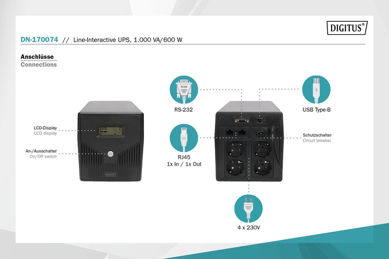 Джерело безперебійного живлення Digitus Line-Interactive, 1000VA/600W, LCD, 4xSchuko, RJ45, RS232, USB інструкція - зображення 6