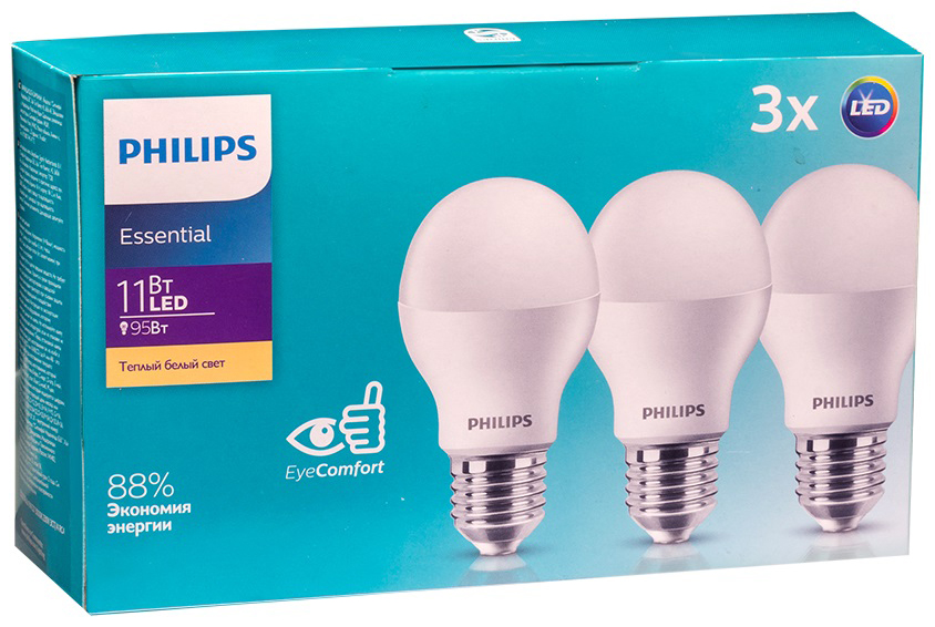 Светодиодная лампа Philips форма груша Philips ESSLEDBulb 11W E27 3000K набор 3 шт (929002299547)