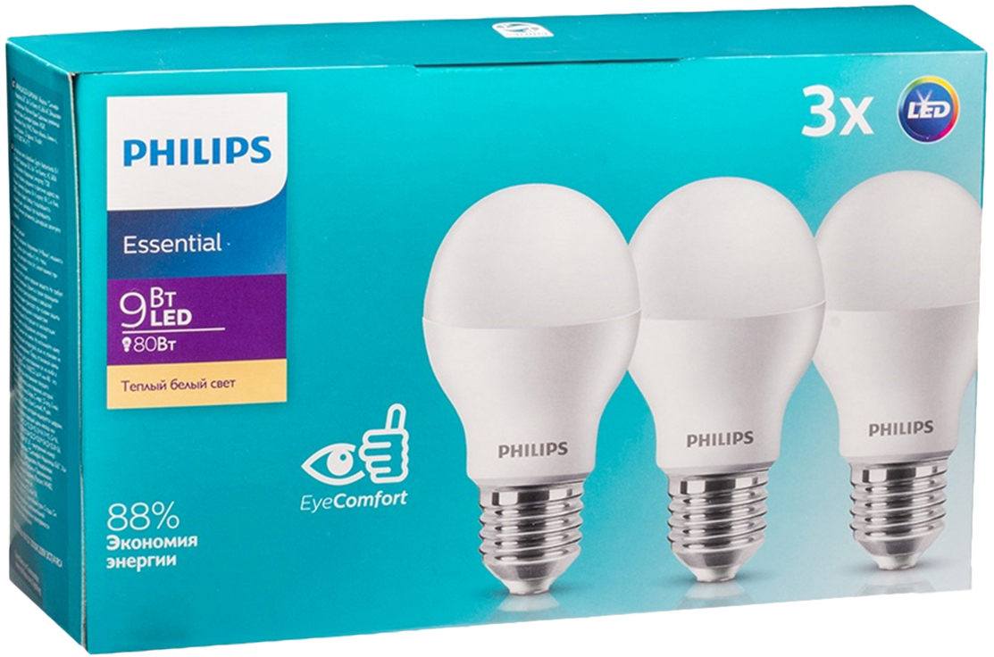 Светодиодная лампа Philips с цоколем E27 Philips ESSLEDBulb 9W E27 3000K набор 3 шт (929002299247)