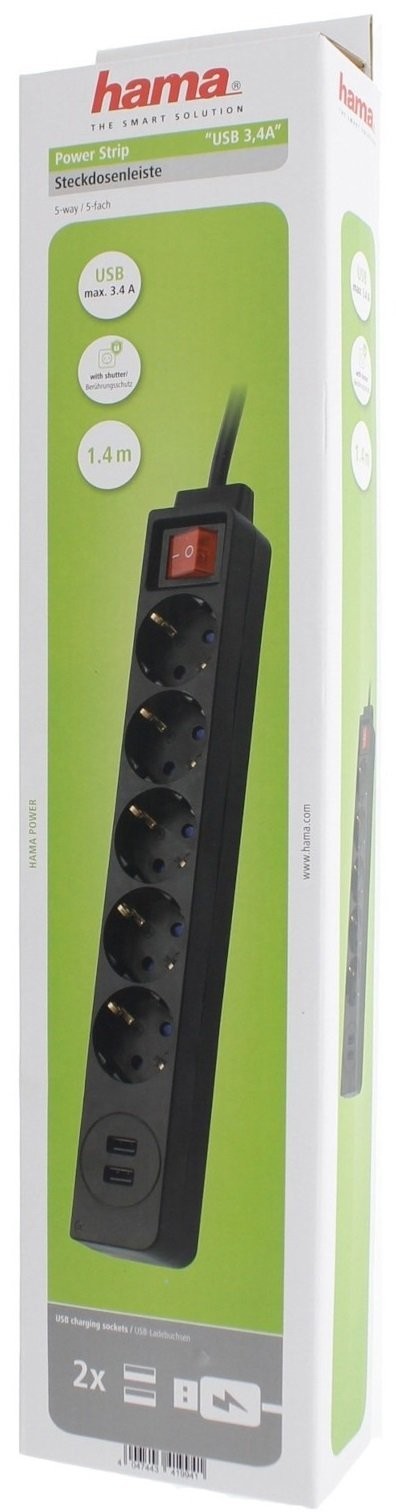 Сетевой удлинитель Hama Jack 5XSocket 2 USB 3.4A*1.5мм ws 1.5м Black цена 609.00 грн - фотография 2