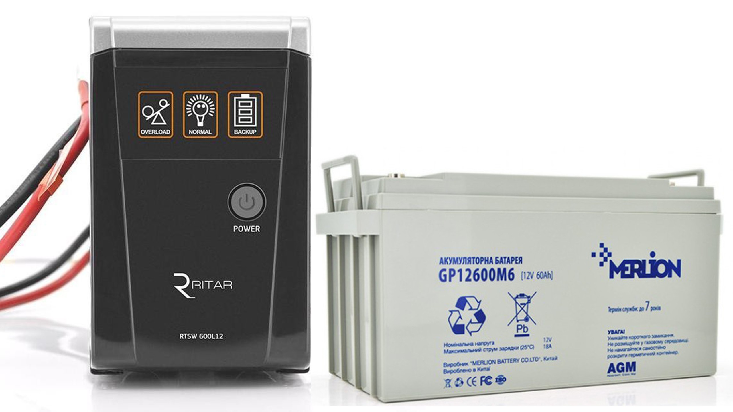 Комплект для резервного питания Ritar RTSW-600 LED + АКБ MERLION AGM 12V 60 Ah в интернет-магазине, главное фото