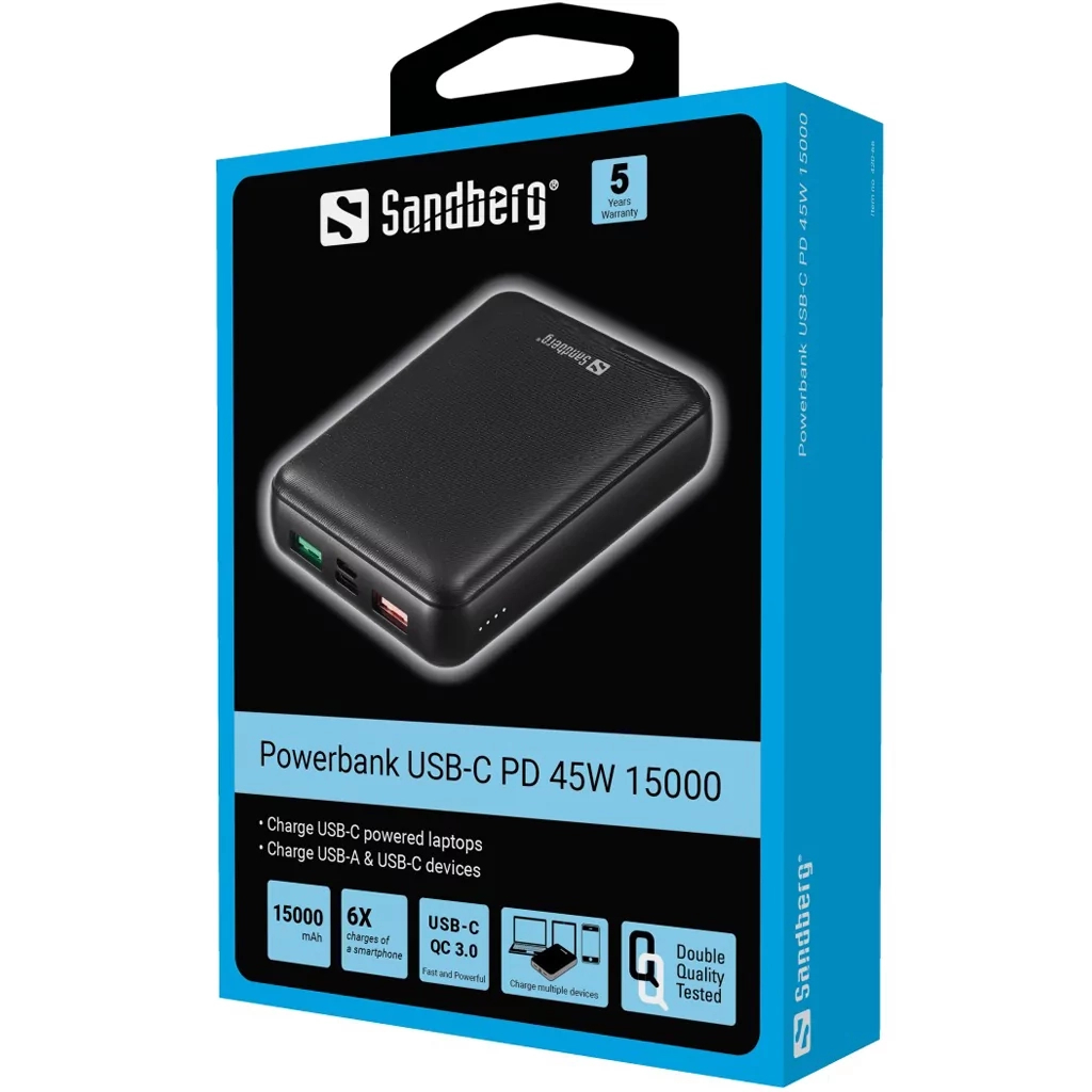 Повербанк Sandberg 15000mAh PD/45W 20V/2.25A QC3.0 USB-C Micro-USB USB-A*2 (420-66) ціна 2479.10 грн - фотографія 2