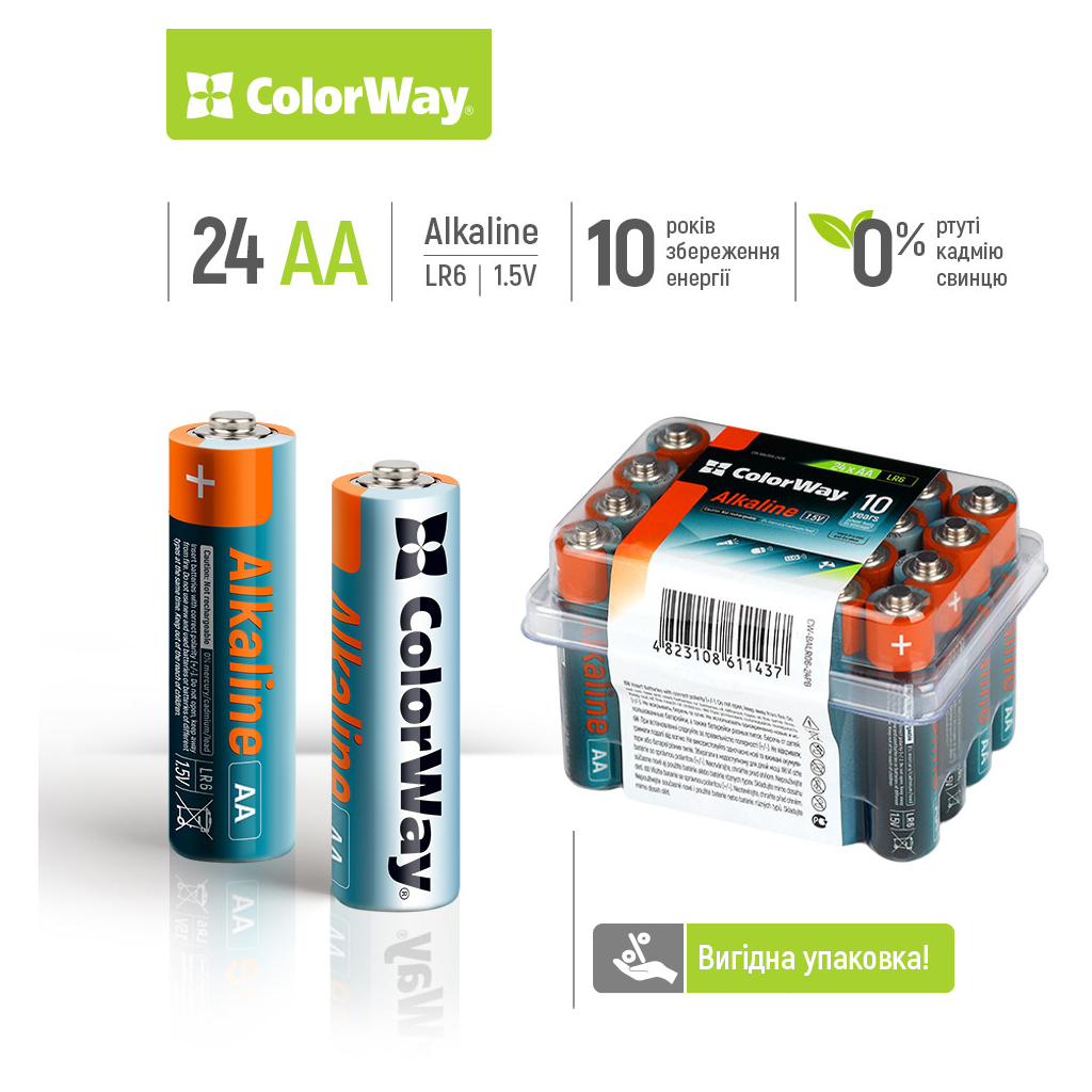 Батарейка ColorWay AA LR6 Alkaline Power (щелочные) * 24 plastic box (CW-BALR06-24PB) цена 402 грн - фотография 2