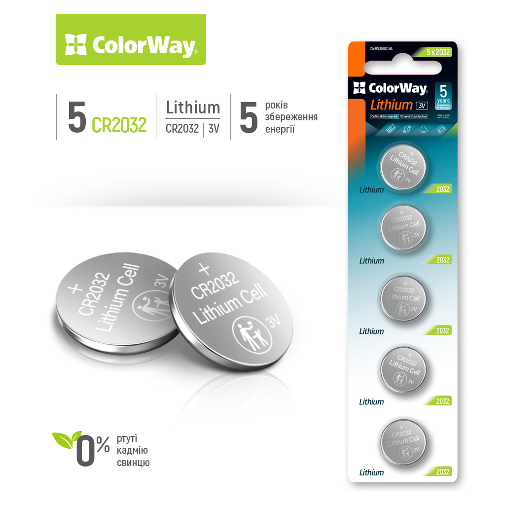 Батарейка ColorWay CR 2032 Lithium Power (литиевые) * 5 blister (CW-BACR2032-5BL) ціна 174 грн - фотографія 2
