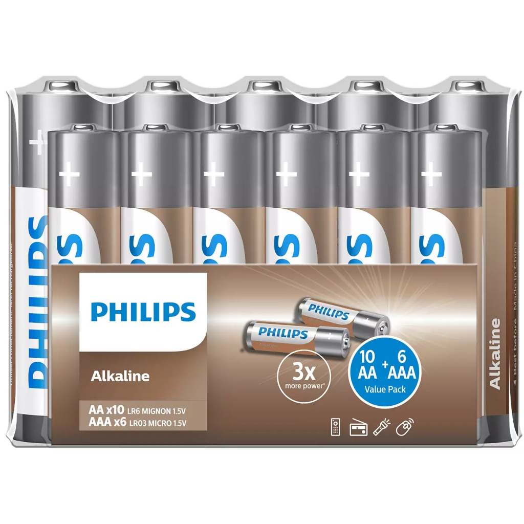 Батарейки типу ААА Philips AA+AAA Entry Alkaline 1.5V 10*LR6+6*LR03 pcs in shrink (LR036A16F/10)