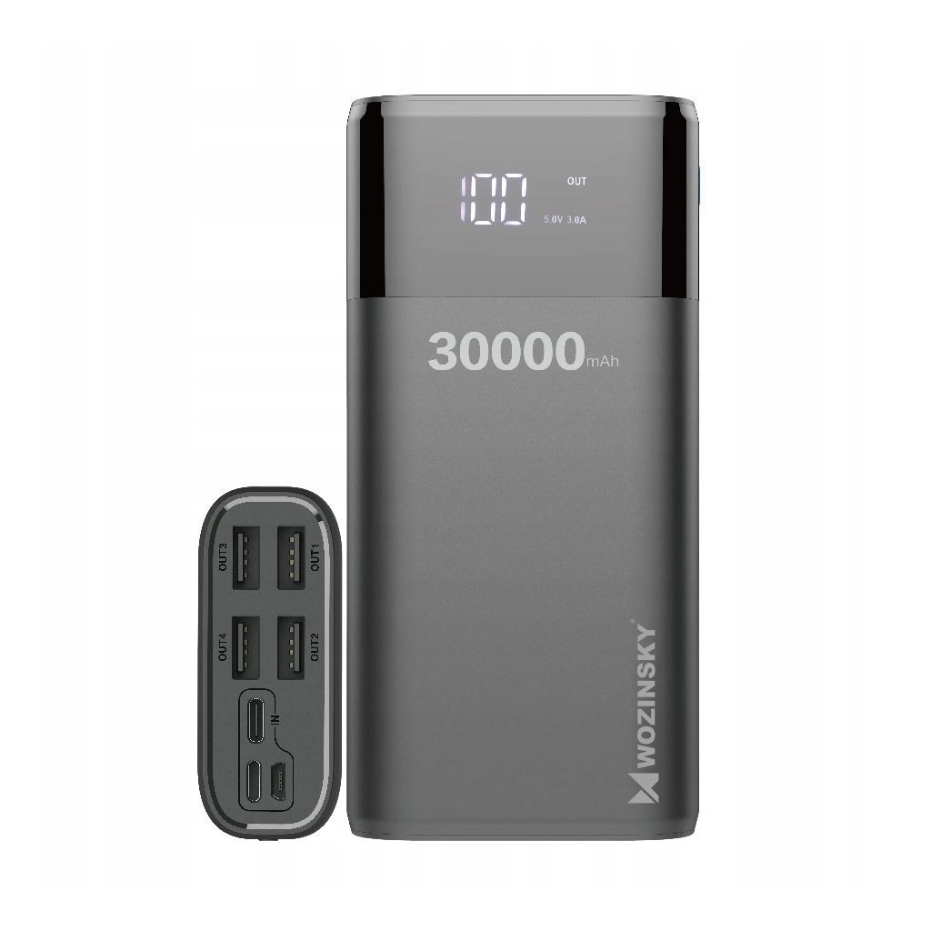 Повербанк Wozinsky 30000mAh, 4*USB, with LCD display, 2A, black (5907769300349)