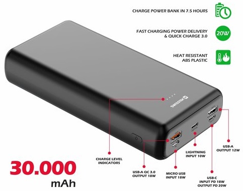 в продажу Повербанк SWISSTEN 30000mAh PD/20W, QC/3.0, USB-C, Lightning, Micro-USB, 2*USB-A, +cable USB-C 3A, black - фото 3