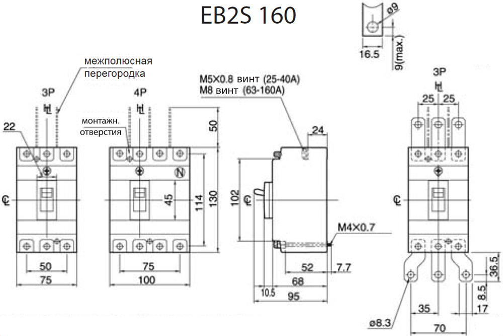 ETI EB2S 160/3LF 16A 3p (004671801) Габаритные размеры