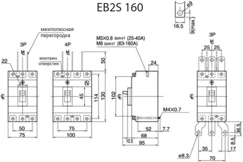 ETI EB2S 160/3LA 160A 3p (004671885) Габаритные размеры