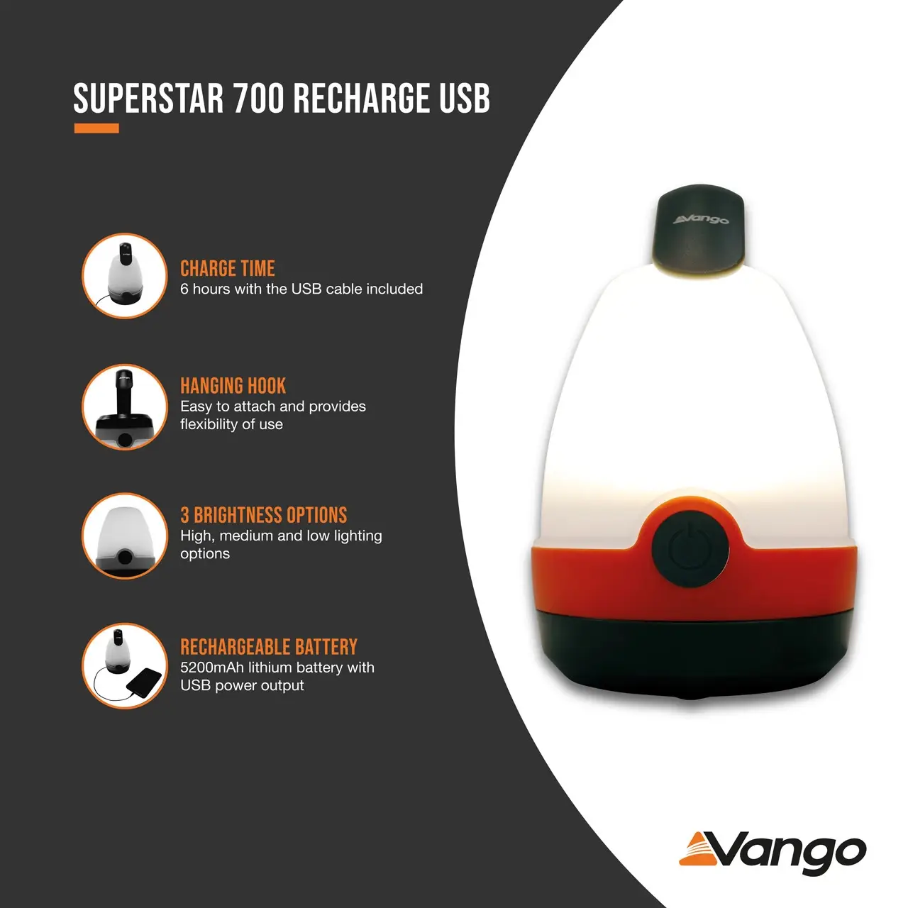 Кемпинговый фонарь Vango Superstar 700 Recharge USB Orange (ACSLANTRN3KTW37) отзывы - изображения 5