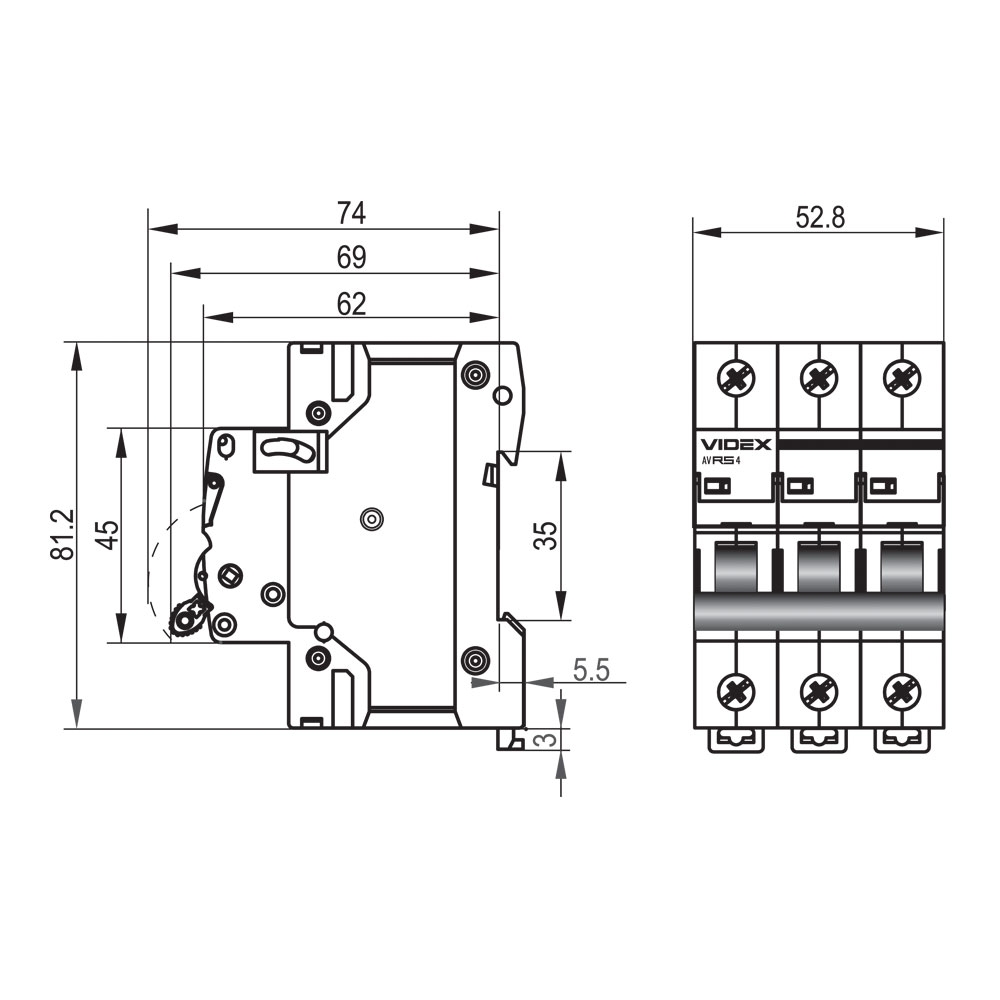 Videx RESIST RS4 3p 63А С 4,5кА (VF-RS4-AV3C63) Габаритные размеры