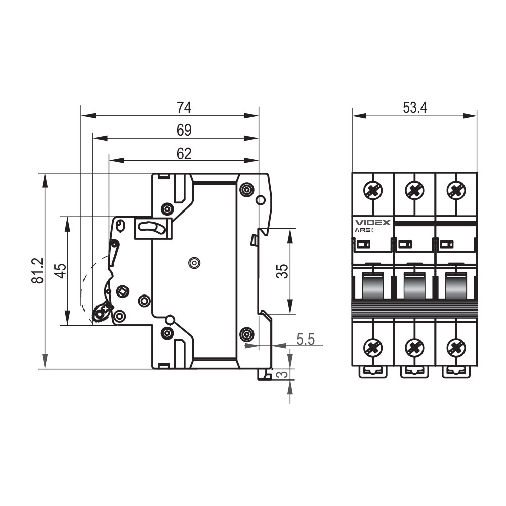 Videx RESIST RS6 3p 6А С 6кА (VF-RS6-AV3C06) Габаритні розміри